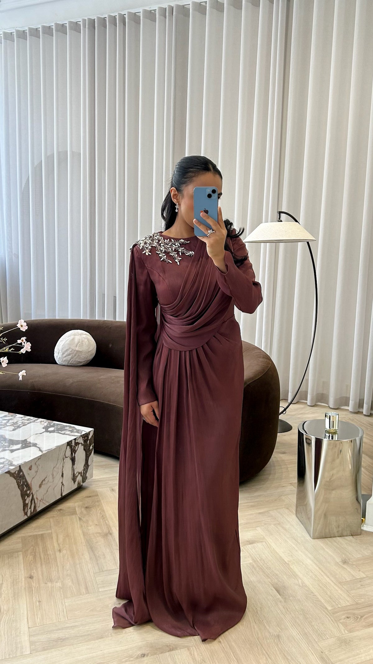 Draped Crystal Gown Rust