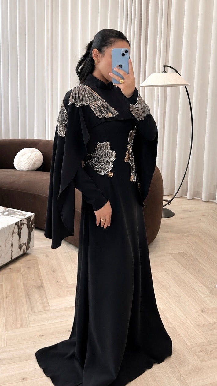 Embellished Cape Gown Black