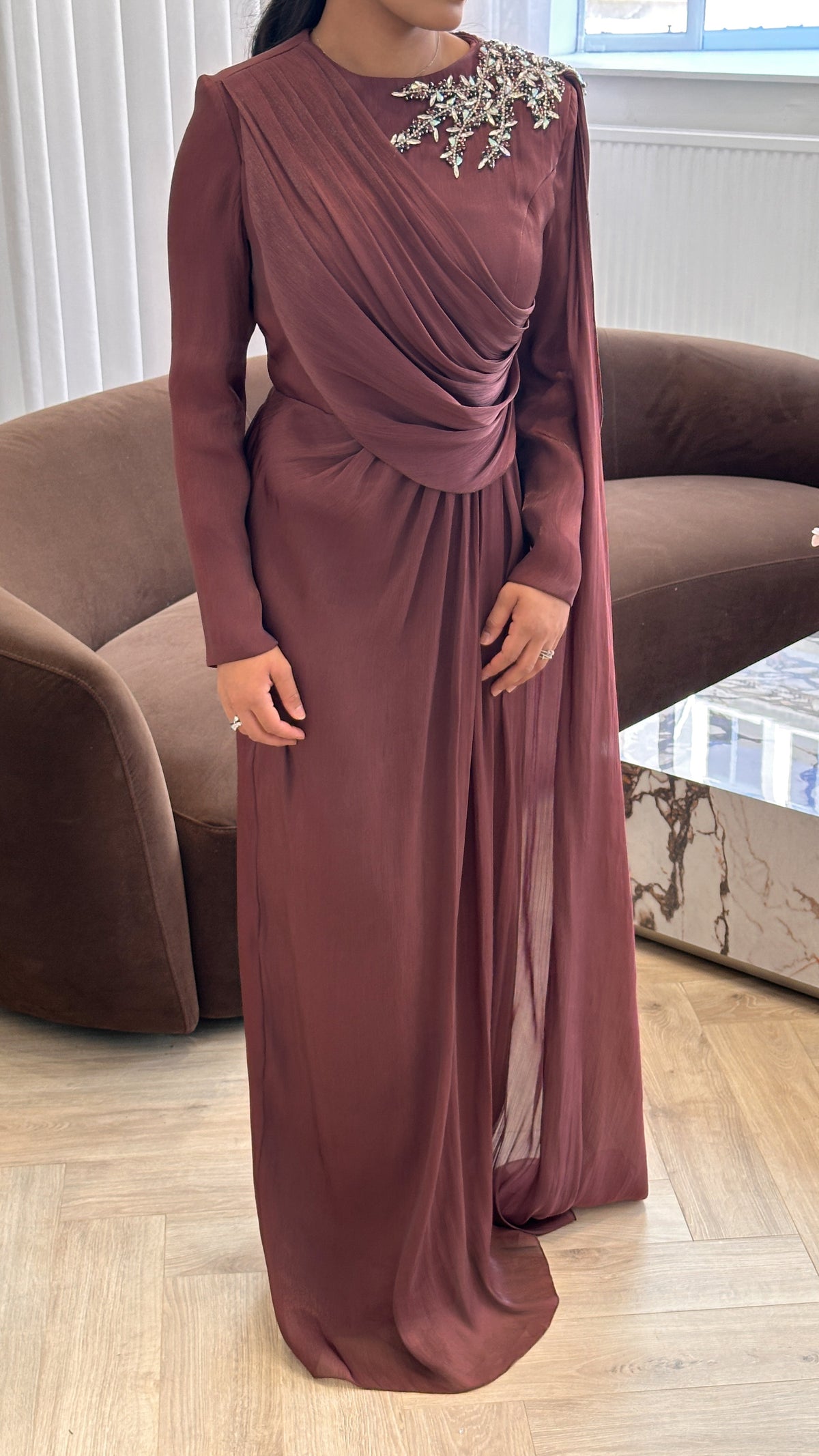 Draped Crystal Gown Rust