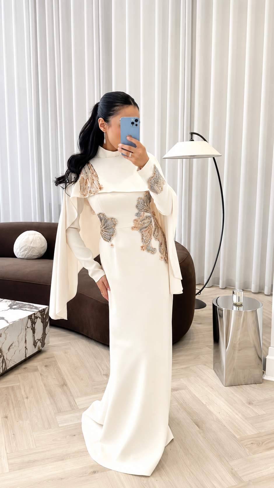 Embellished Cape Gown Cream