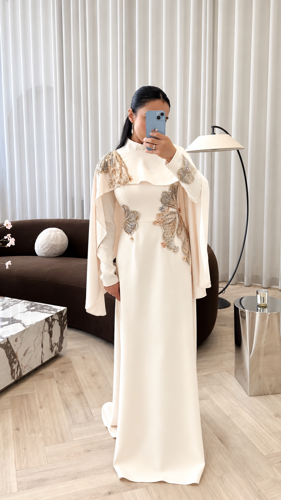 Embellished Cape Gown Cream