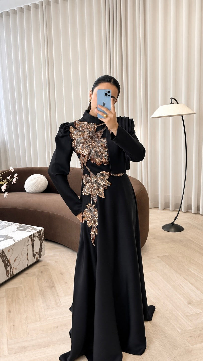 Embellished Drape Gown in Orange Bloom